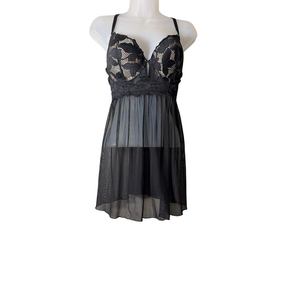 Rachel Roy intimate slip dress babydoll lingerie black lace cups sheer mesh body